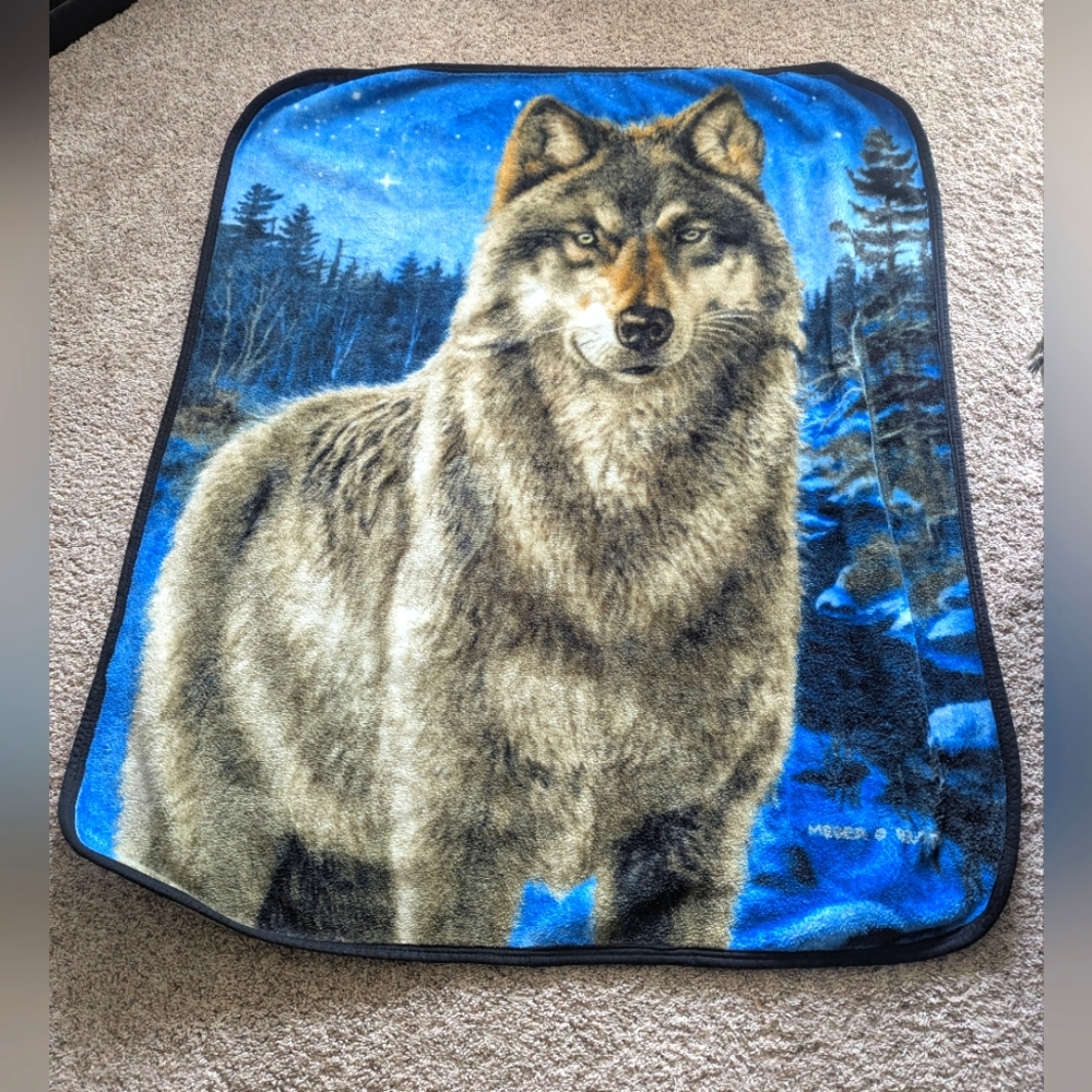 WOLF NIGHT SKY Wild Frontier JAMES  MEGER Blanket Plush 57.5"x 47.5" VTG 93